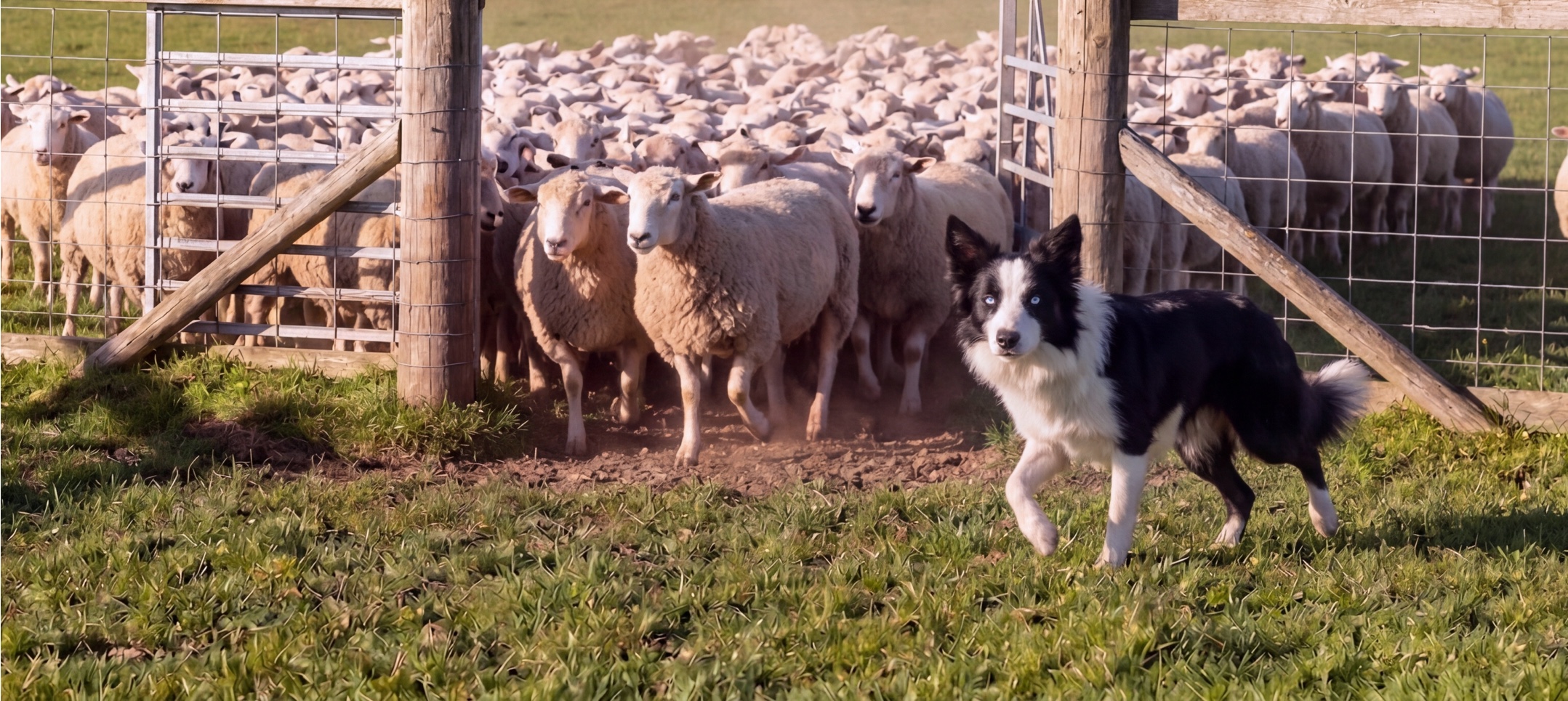 Bonnie the Border Collie holding a flock of sheep at the gate