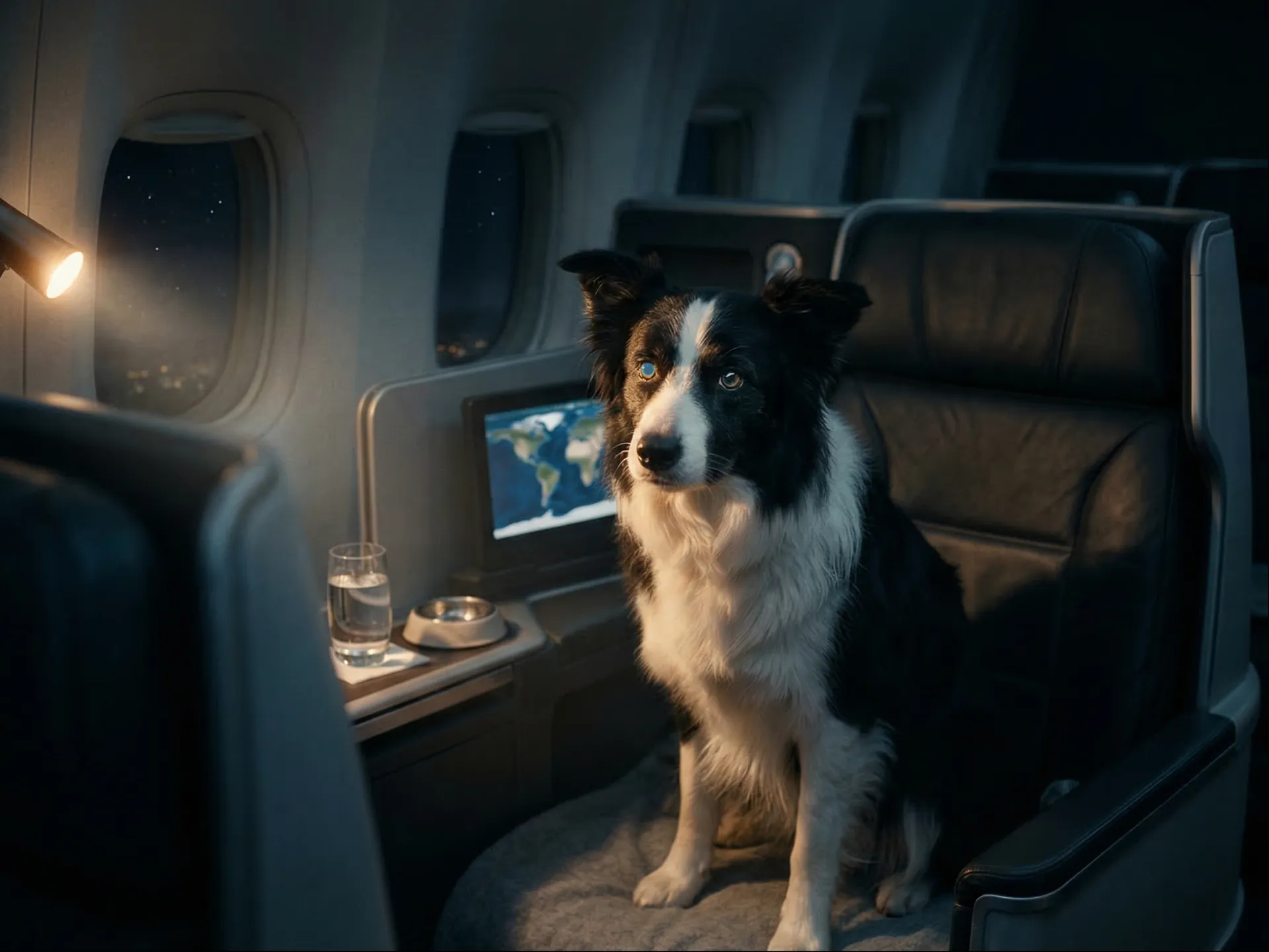Bonnie in a business-class cabin, alert and facing the camera