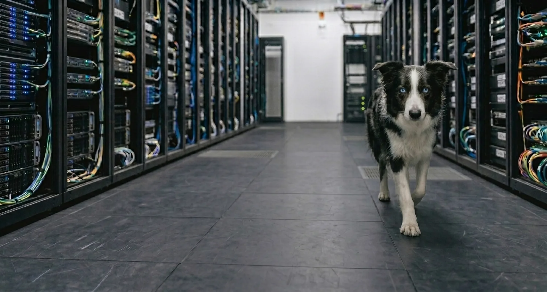 Bonnie walking toward the camera down a server-room aisle, racks lining both sides