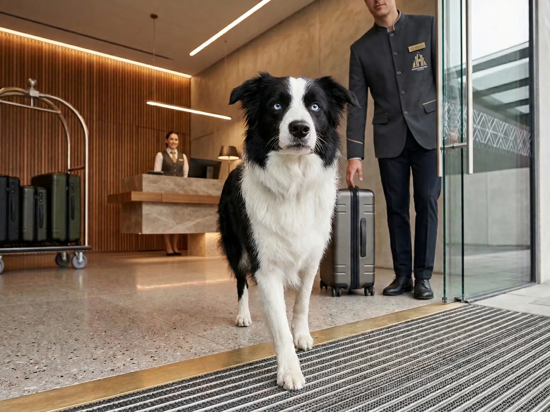 Bonnie walking into a hotel lobby. Brand clarity at the point of arrival