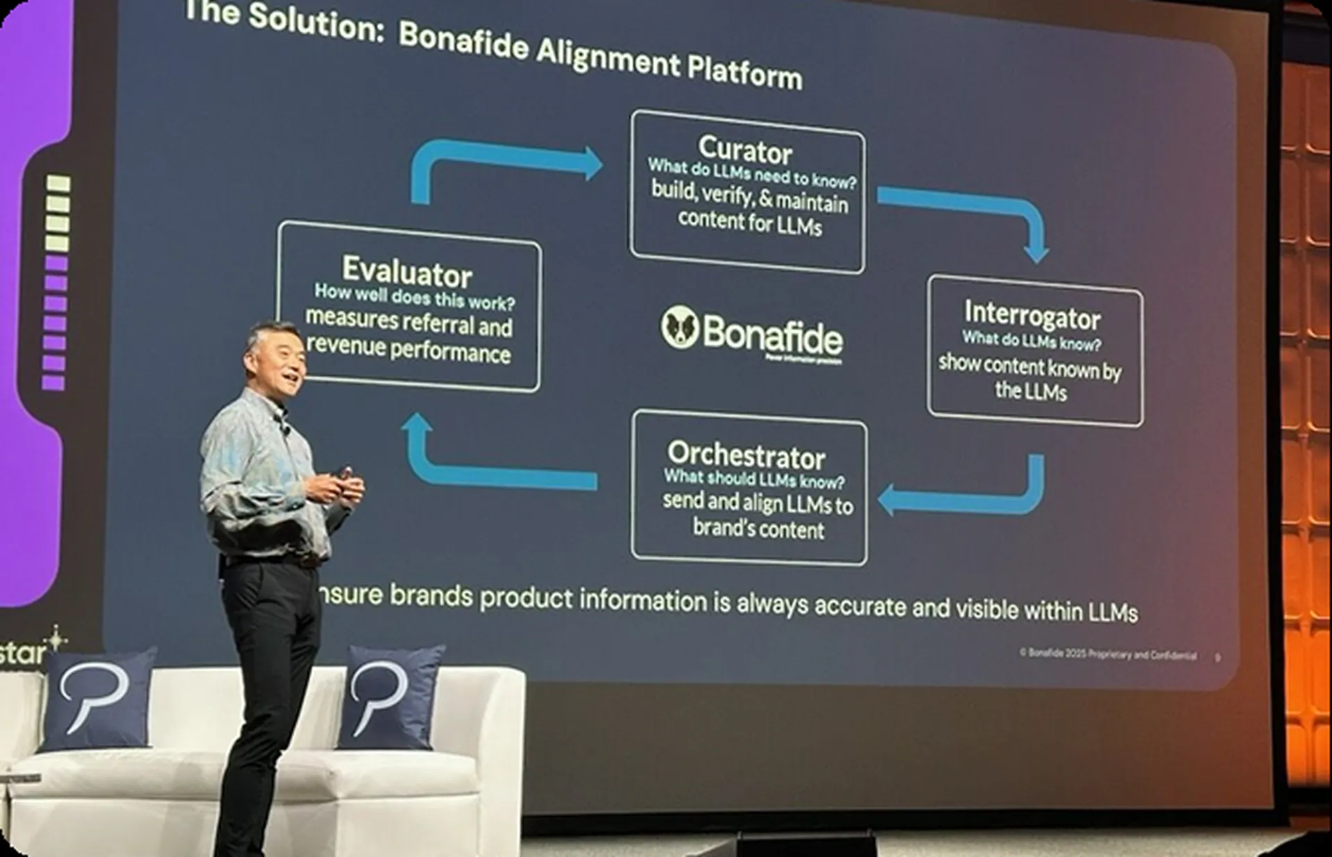 Layton Han presenting on stage at an industry event