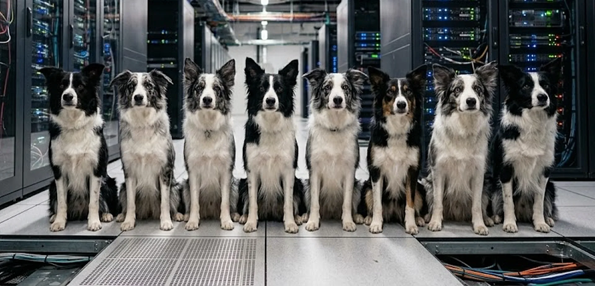 The Bonafide pack lined up in a server room aisle, facing the camera